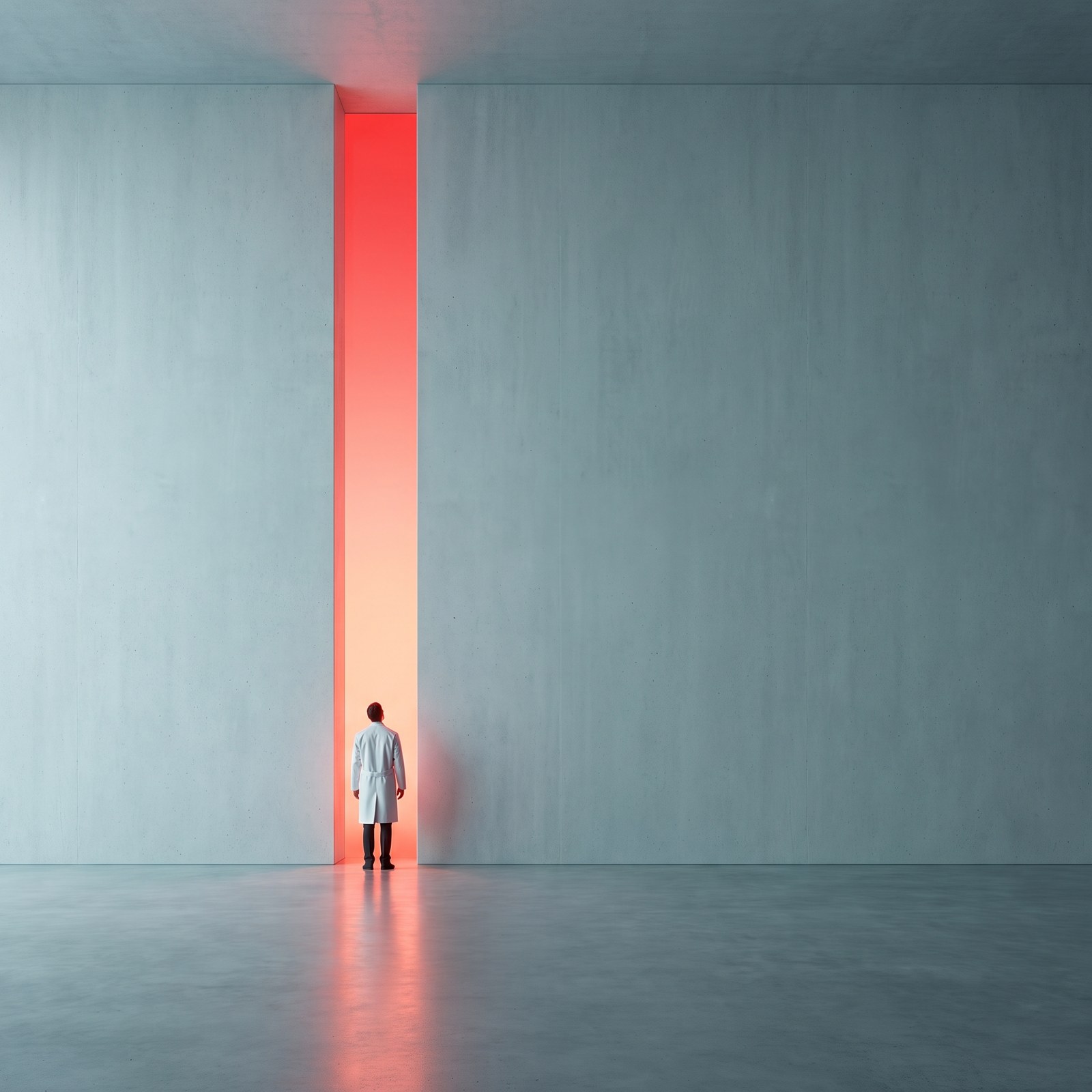 A scientist in a white lab coat before a tall doorway of red light, at the threshold of a breakthrough