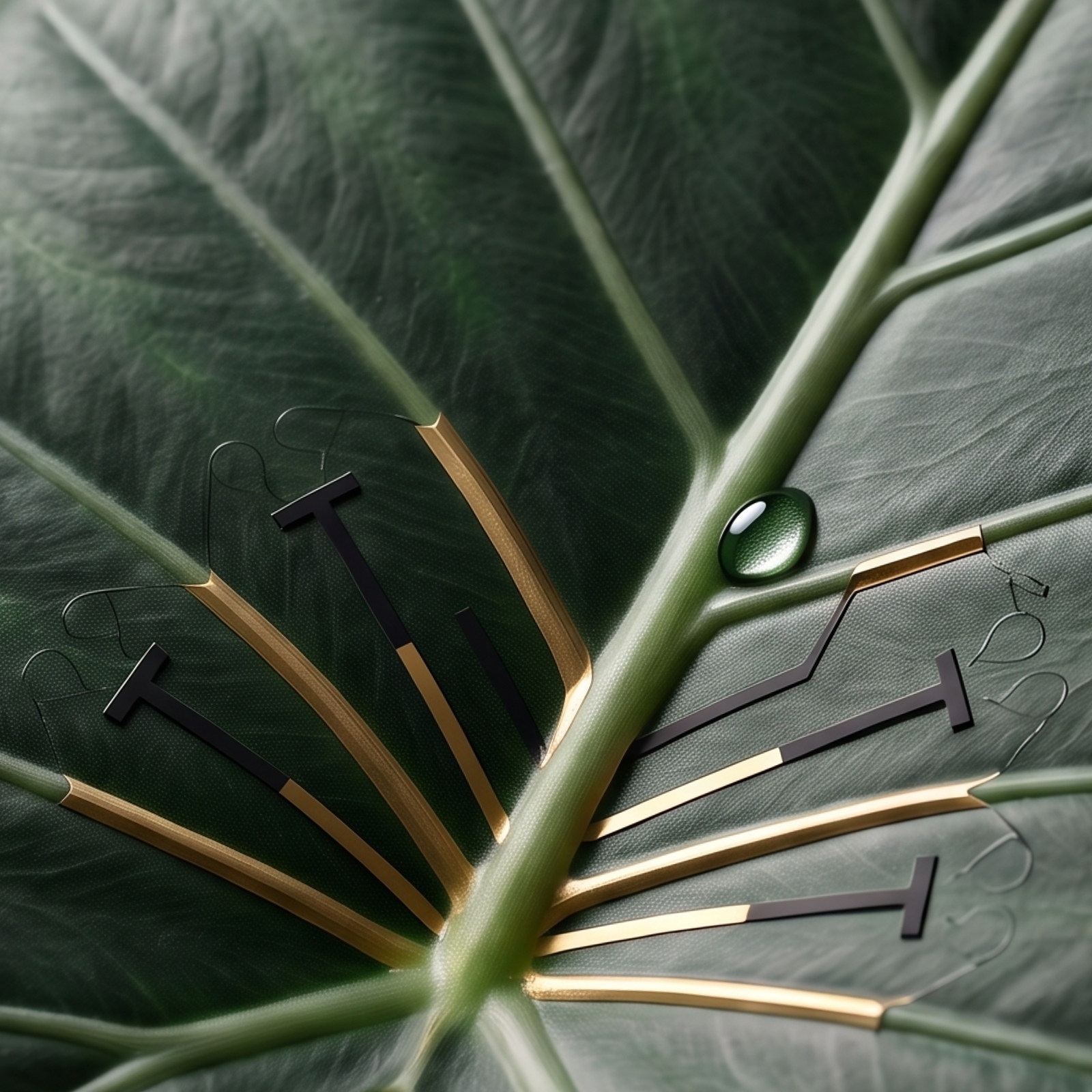 Macro of a dark tropical leaf whose veins converge at the base and resolve into the gold and black traces of a biosensor electrode array, with a single water droplet on the leaf surface