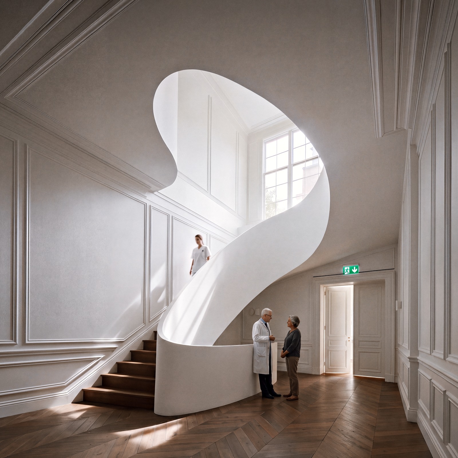 A doctor in a white coat talking with an older patient at the foot of a sculptural white spiral staircase in a bright panelled hall; a nurse walks down the stairs, and to the right a narrow door beneath a green emergency-exit sign stands slightly ajar